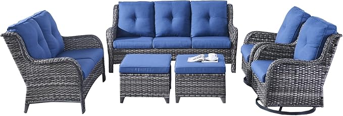 Rilyson Wicker Patio Furniture Set - 6 Piece Rattan Outdoor Sectional Conversation Sets with 2 Rocking Swivel Chairs,2 Ottomans,1 Sofa and 1 Loveseat for Porch Deck Garden(Mixed Grey/Blue)