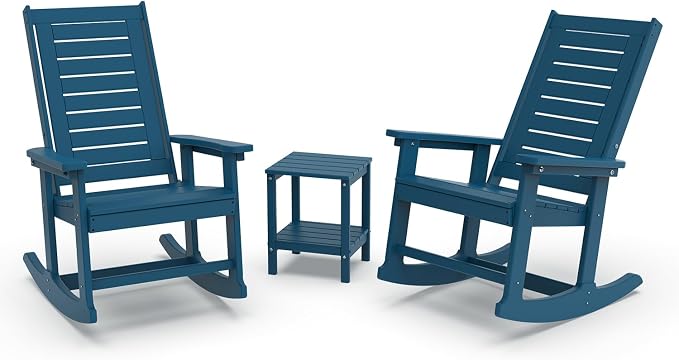 GREENVINES Outdoor Rocking Chair Set | 3-Piece | 2 Rocking Chairs with 1 Side Table | Porch Rocker | HDPE Plastic | Blue | Patio Furniture Sets | High Back | Big & Tall | Ladder Back by GreenVines