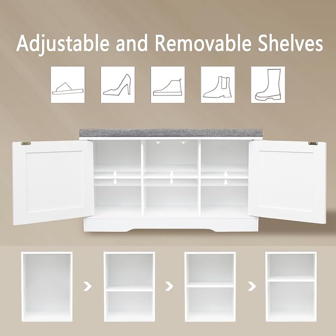 DINZI LVJ Shoe Bench, Entryway Storage Bench with Doors, Cushion, 2-Tier Shoe Rack with 6-Cubby, 31.5”L x 13.8”W Shoe Organizer Cabinet, Adjustable Shelf, Living Room, Bedroom, White - Image 4