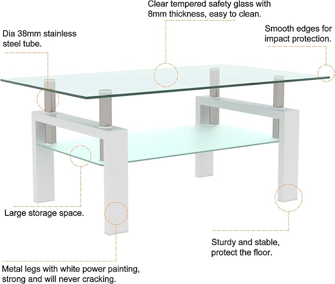Rectangle Glass Coffee Table, Clear Coffee Table Modern Side Center Tables Furniture for Living Room,White