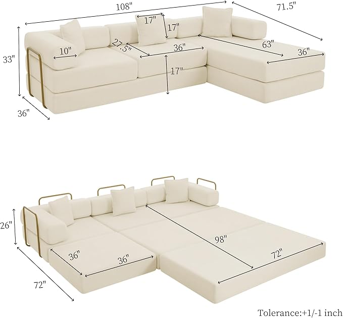 Eafurn L Shaped Convertible Sleeper Sofa Bed King Size Sleeper Sofabed, 7-in-1 DIY Combination Corduroy Folding Mattress Couch with Fixed-Shape Frame, Boneless Floor Sofa Couch