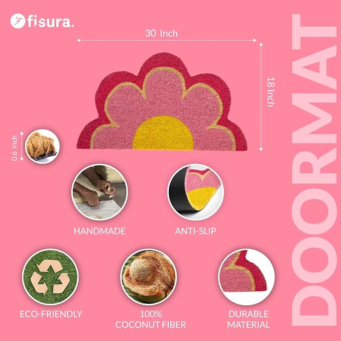 Fisura - Outdoor Flower Coconut Doormat with Non-Slip PVC Base. Doormat with Original Shape. Pink Design. Hand Painted. Dimensions: 30 x 18 in - Image 2