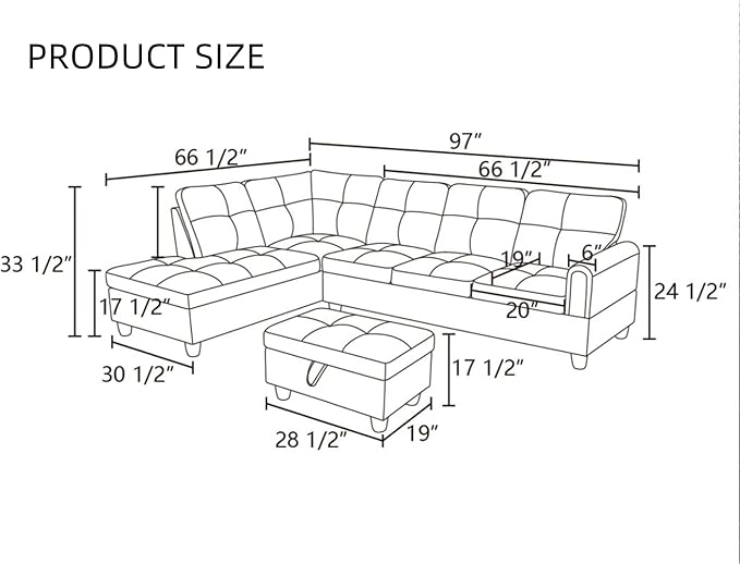 L-Shaped Sectional Sofa with Movable Chaise & Storage Ottoman, Leather 3-Piece Modular Convertible Couches for Living Room, Black
