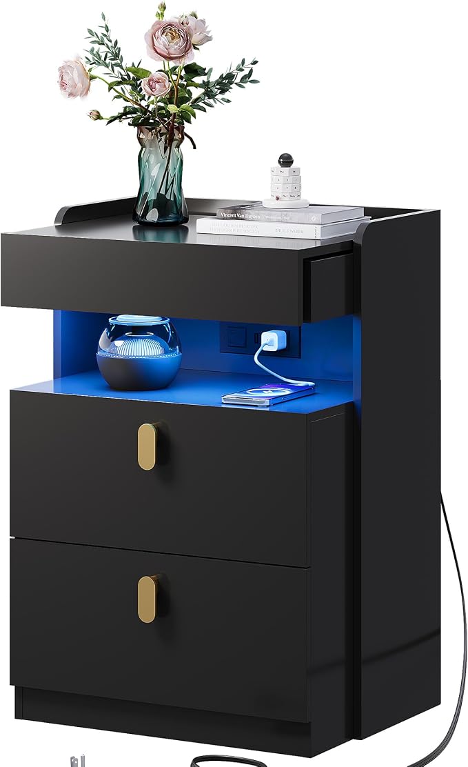 WLIVE Black LED Nighstand with Charging Station, Night Stand with Sliding Top and 2 Drawers, Modern Bedside Table End Tables with Hidden Space for Bedroom, Living Room, Black - Image 7