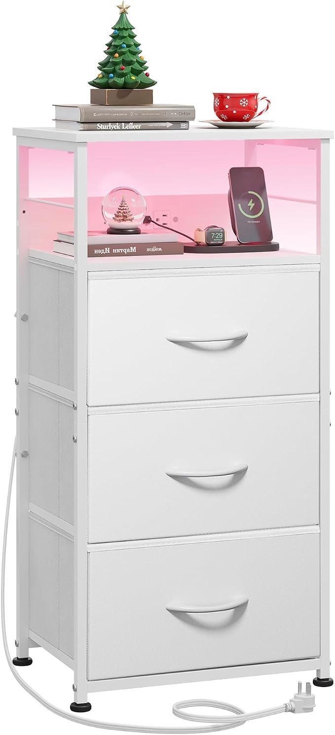 WLIVE Nightstand with Charging Station, 31.9" H Nightstand with 3 Fabric Drawers, LED Bedside Table with USB Ports and Outlets, End Table for Dorm, Bedroom, Entryway, White by WLIVE