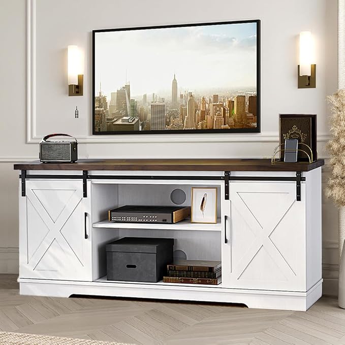 IDEALHOUSE Farmhouse Tv Stand for 65 inch TVs, Entertainment Center with Sliding Barn Doors and Adjustable Shelf, Modern Storage Media TV Console TV Stand Table for Living Room, Bedroom, White & Brwon - Image 7