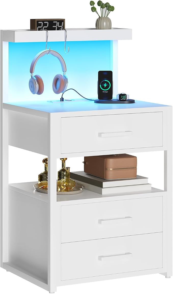 VIAGDO Led Nightstand with Charging Station, 3 Drawers Night Stands with Led Lights, White Bedside Tables with Storage Shelves, Modern End Side Tables for Bedroom, Office - Image 8