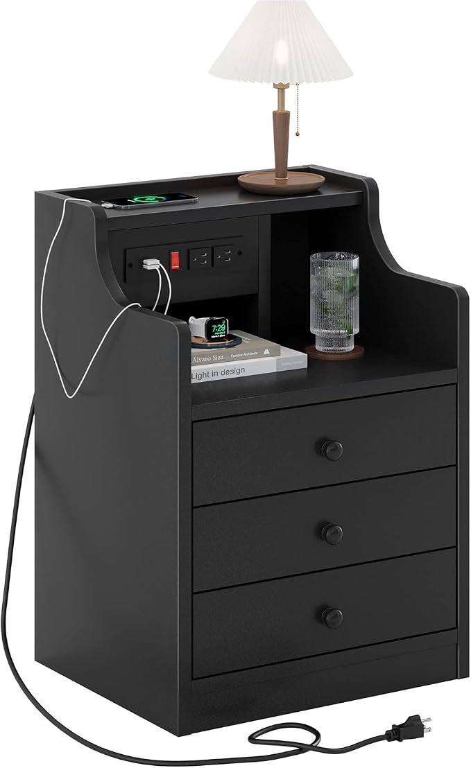 ADORNEVE Nightstand with Charging Station,Black Night Stand for Bedroom,End Table with Hutch & Storage Drawers - Image 8