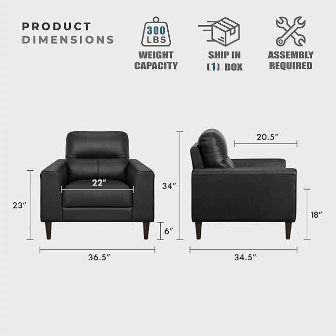 Lexicon Leather Match Accent Chair, Modern Sofa Armchair, Oversized Seat, Solid Wood Legs,Top Grain Leather Lounge Chair for Living Room, Bedroom, Office, Apartment, Waiting Room, Black