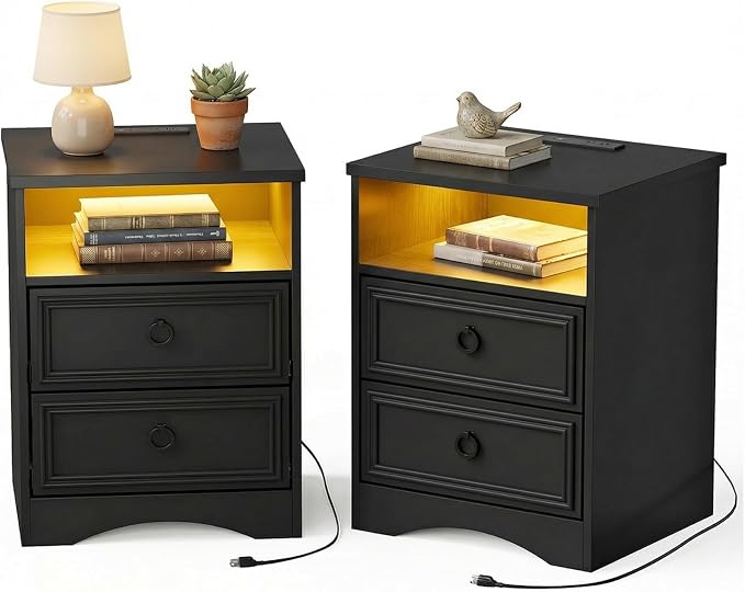 LGHM Set of 2 Nightstand with Charger Station Strip Lights, Large Night Stand with 2 Drawers, 17.7" W Accent Bed Side Table and End Table with Large Open Compartment for Bedroom, Living Room,Black by WelcometoLGHMHome