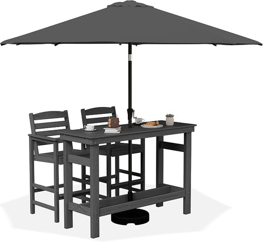 SERWALL Outdoor Bar Set with 9ft Umbrella, All-Weather HDPE Patio Bar Chairs and Table, Outdoor Furniture Set, Grey (Umbreall Base not Included) by SERWALL