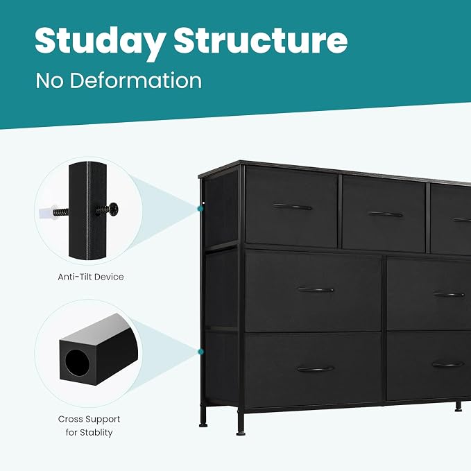 OLIXIS Dresser for Bedroom, 7 Storage Drawers, Wide Fabric Closet Chests Organizer Tower Furniture, TV Stand with Wooden Top Metal Frame for Clothes, Living Room, Hallway, Entryway, Black - Image 7