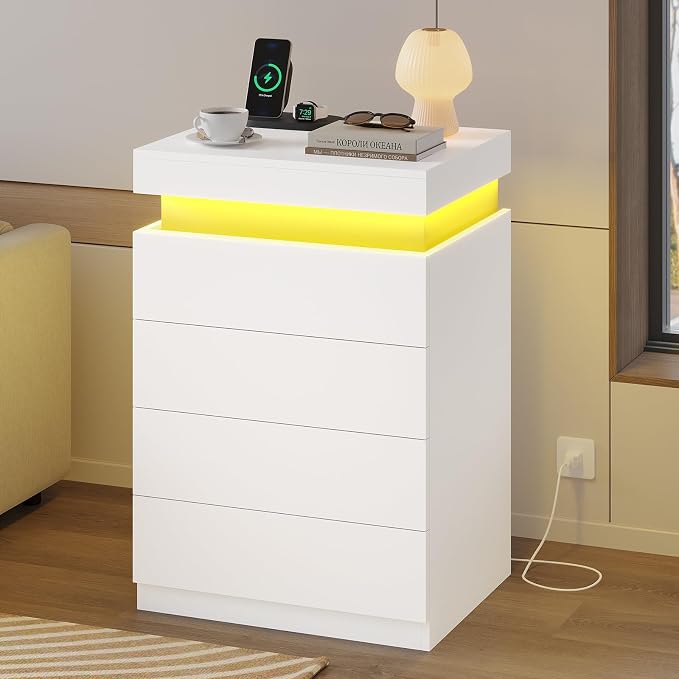 ADORNEVE White Night Stand with Drawers and LED Lights,Tall Nightstand with Sliding Top,Bedside Table with Charging Station,Modern End Side Table for Bedroom, 15.7" D x 17.7" W x 31.1" H - Image 6