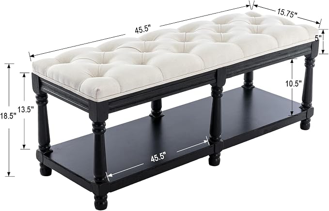 Kmax Storage Entryway Bench Tufted Shoe Rack Bench Black Wood Window Bench for Hallway Entrance Bedroom Corner, Beige - Image 2