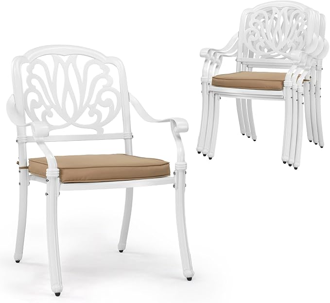 VINGLI Patio Chairs Set of 4 - Stackable Outdoor Cast Aluminum Dining Chairs with Vintage White Finish and Floral Pattern, Metal Armchairs for Poolside, Backyard, Balcony (with Cushion) by VINGLI