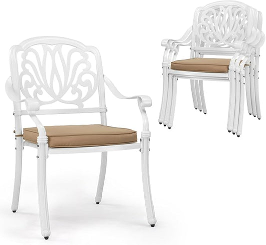 VINGLI Patio Chairs Set of 4 - Stackable Outdoor Cast Aluminum Dining Chairs with Vintage White Finish and Floral Pattern, Metal Armchairs for Poolside, Backyard, Balcony (with Cushion) by VINGLI