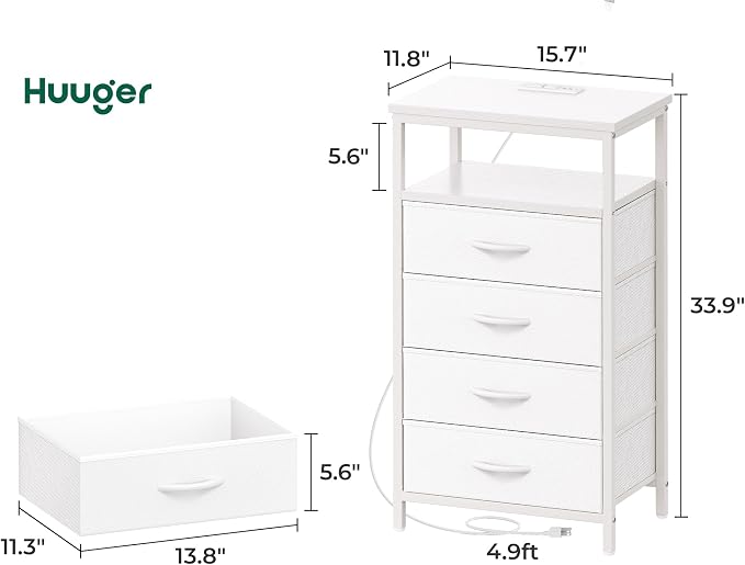 Huuger Night Stand with Charging Station, Multiple Drawer Dresser for Bedroom, Bedside Table, Tall Nightstand with PU Leather Finish, Open Shelf, End Table, for Closet, Entryway, Bedroom, White - Image 3