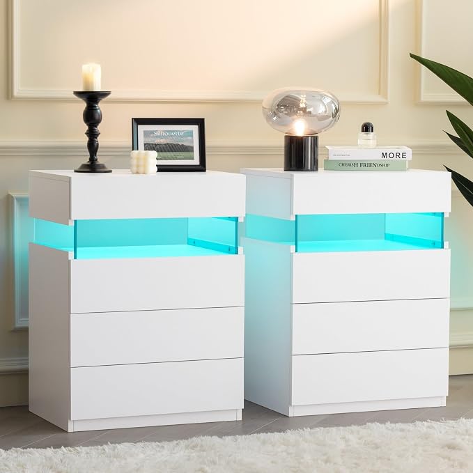 Bingoday White LED Nightstands Set of 2,Modern Night Stand with 4 Drawers,Tall Nightstand,Large Capacity,Multi-Color LED Lights,End Side Table for Bedroom by Bingoday