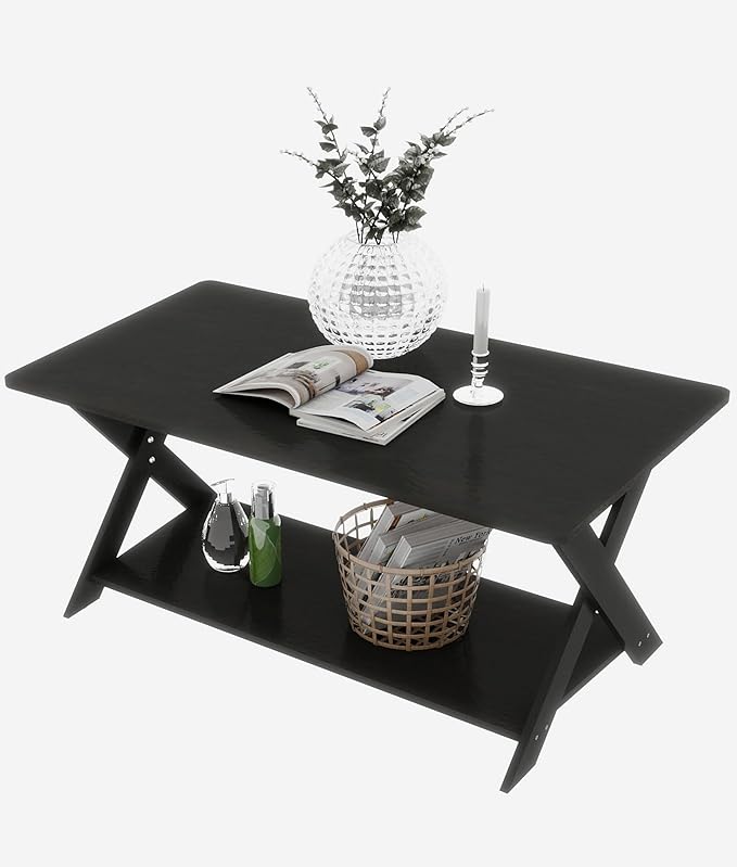 Modern Coffee Table with Storage Shelf, Simple Rectangular Tea Tables for Living Room Bedroom Home Office Black Oak