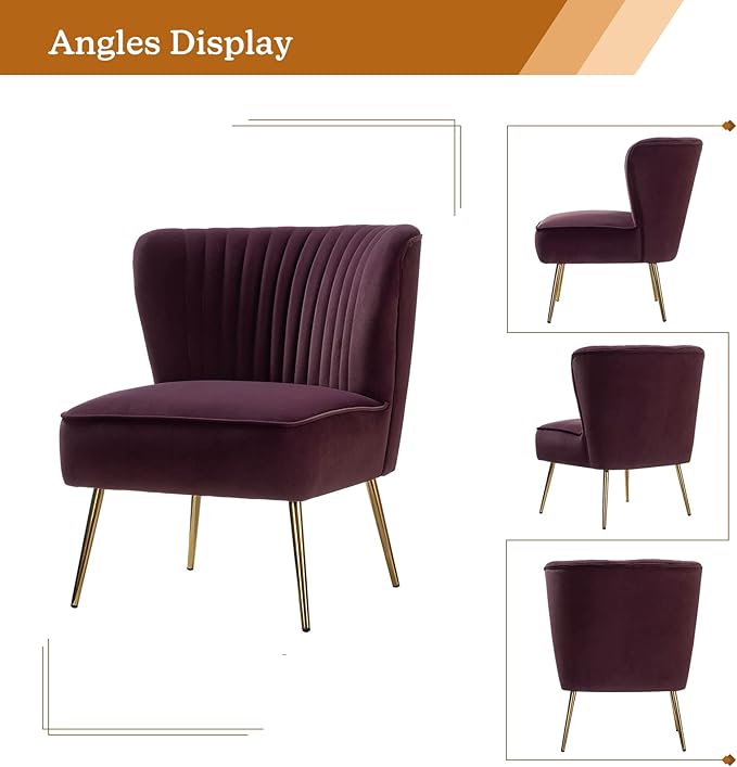 HULALA HOME Velvet Accent Chair, Modern Upholstered Cute Side Chair with Gold Metal Legs, Armless Wingback Slipper Chair Comfy Living Room Chair for Bedroom Guest Room Vanity, Purple
