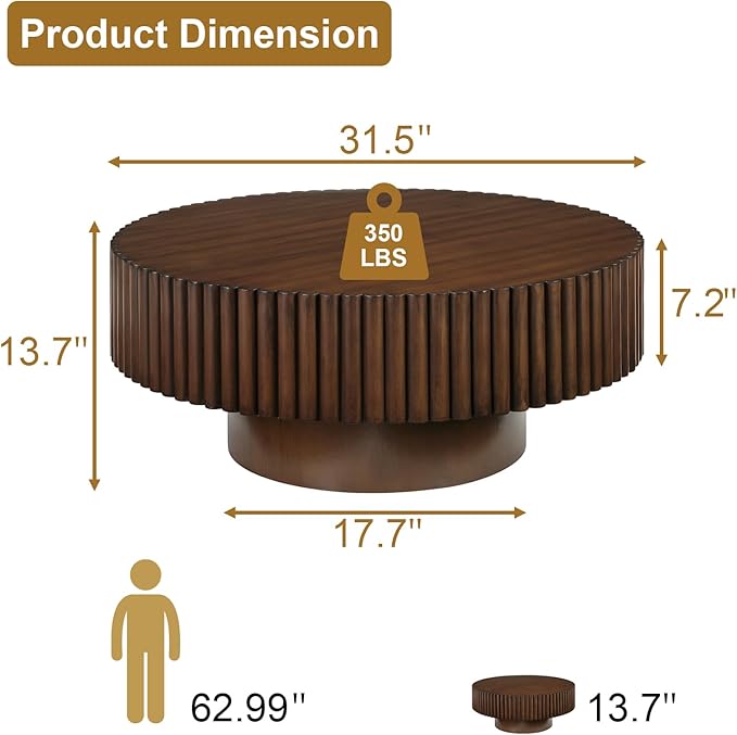 Rovibek Round Coffee Table, 31.5" Wooden Fluted Coffee Table with Fluted Base, Circle Accent Center Table for Living Room Apartment Office Small Space, Easy Assembly, Walnut