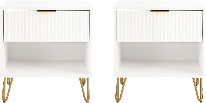 Manhattan Comfort Dumbo Modern Nightstand 1.0 with 1 Drawer and Metal Feet | Splayed Gold Legs | Vertical Ribbed Design | No Tool Assembly Storage for Bedroom & Living Room, Set of 2, White by ManhattanComfort