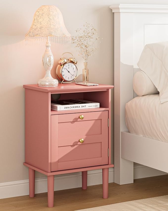 Nightstand, Boho Night Stand with 1 Drawers, Modern Side Accent Table with Open Shelf, Wooden Top Bedside End Table for Bedroom, Living Room, Pink by Unknown