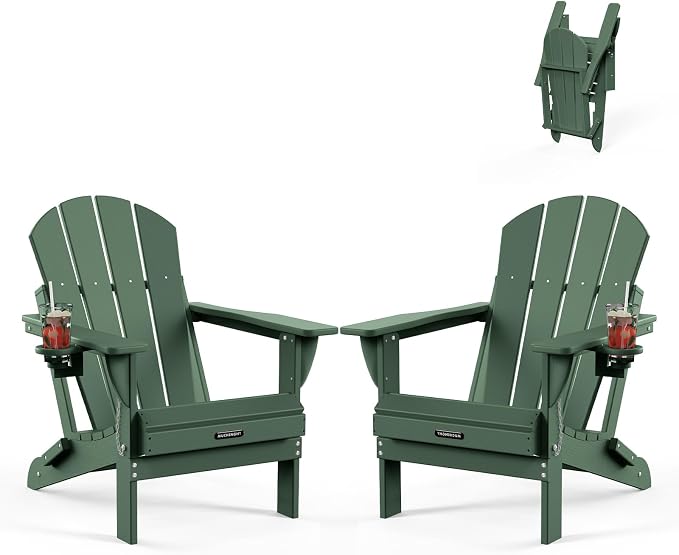 MUCHENGHY Folding Adirondack Chairs Set of 2, Patio Chairs, Lawn Chairs, Outdoor Chairs, Adirondack Chair Plastic, Fire Pit Chairs, Weather Resistant with Cup Holder for Deck, Backyard, Garden(Green) by MUCHENGHY