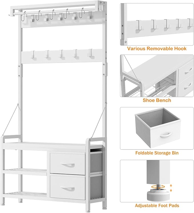 Lulive Hall Tree, 31.5” Entryway Bench with Coat Rack freestanding, 5 in 1 Intelligent Design Shoe Bench and Wall Rack 17 Hooks and Drawers (White) - Image 5