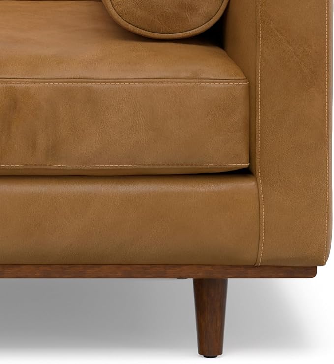 SIMPLIHOME Morrison Arm Chair - 42 inch Wide Upholstered Genuine Leather Mid-Century Modern Accent Chair in Sienna with Solid Wood Legs, Reversible Bolster Pillows and Reclined Back