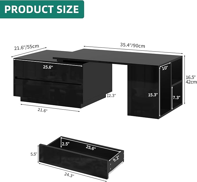 YITAHOME LED Coffee Table with Storage 4 Drawers, Modern Coffee Tables for Living Room, Wooden Rectangle Extendable Center Table with Open Shelves & Sliding Tabletop 35"- 61" for Home Office, Black