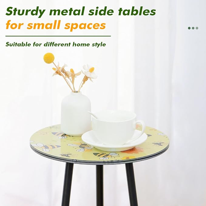 Metal Outdoor Side Tables Set of Two Small Outside Round End Table for Patio Modern Accent Garden Corner Table for Small Spaces, Balcony, Porch, Weather-Resistant Plant Stand Indoor, Yellow - Image 4