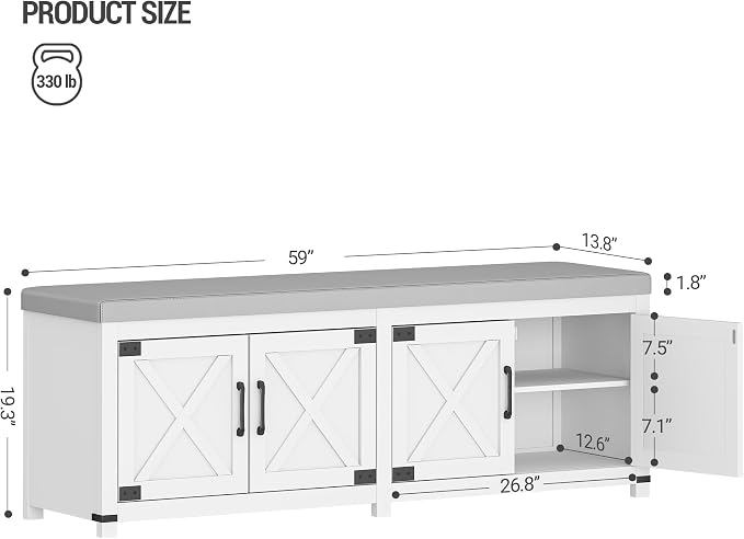 Hzuaneri Shoe Storage Bench, 2 Tier Shoe Bench with Padded Seat Cushion & 4 Barn Doors, 59" Entryway Bench with Adjustable Shelf, Farmhouse Shoe Cabinet for Living Room, Bedroom, White SB31503GY - Image 2