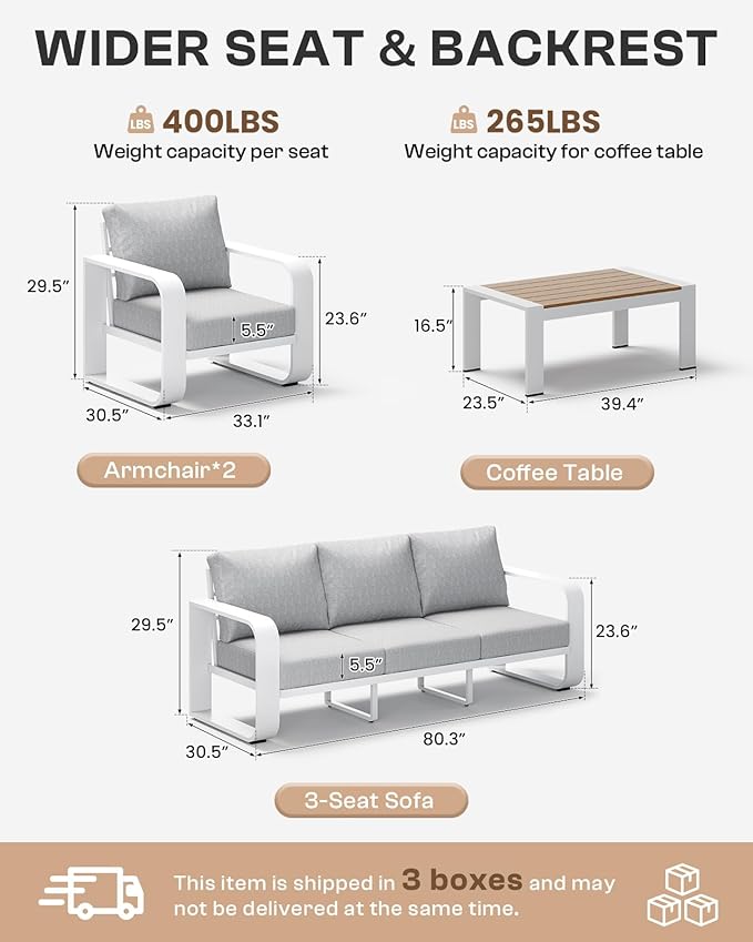 Aluminum Outdoor Patio Furniture Set, 4 Piece Oversized Patio Conversation Sets Widened Armrest & Ultra-Thick Cushions, Heavy Duty Modern Sectional Furniture for Backyard, Porch, White