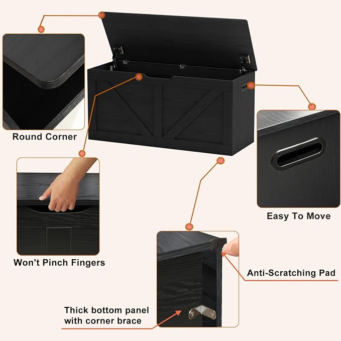 Timberer 39.4" Storage Chest, Wooden Storage Bench, Large Storage Trunk with 2 Safety Hinges, Entryway Shoes Bench for Living Room, Bedroom, Black - Image 5