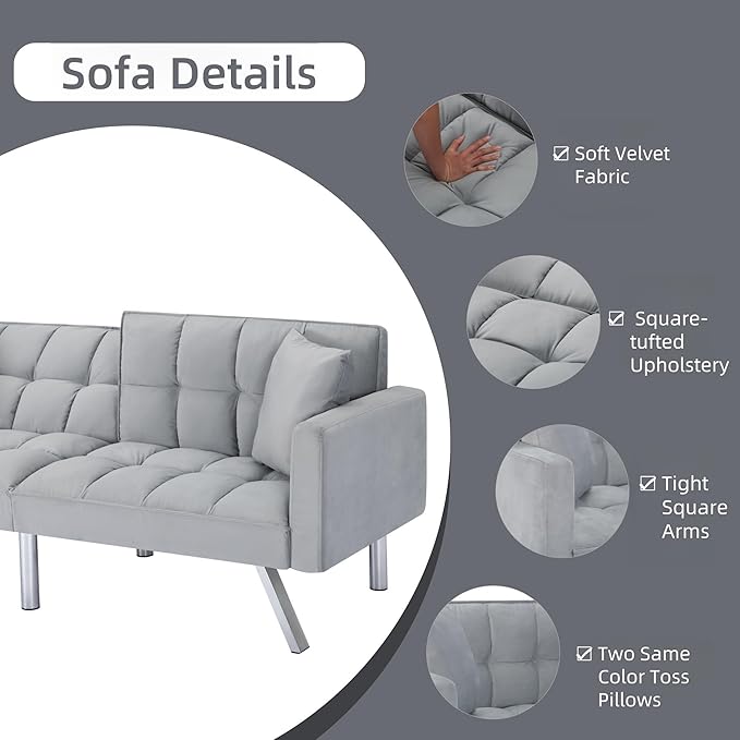Futon Sofa Bed, 74 Inch Convertible Sofa Couch with Adjustable Backrest and Pillows, Sleeper Couch Bed with Velvet Upholstery, Square Tufted Design for Living Room Home Office, Light Gray