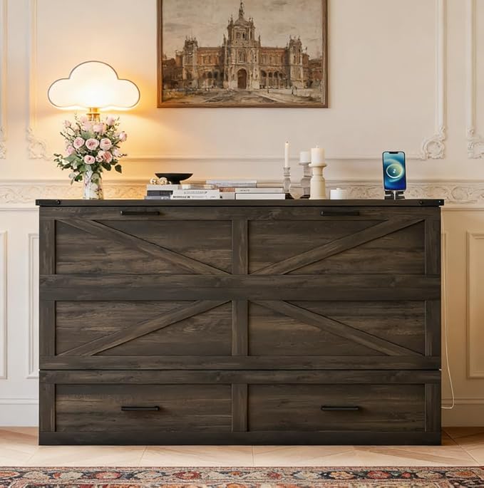 Bellemave Queen Murphy Bedframe, Cabinet Bed with Charging Station and Storage, Farmhouse Murphy Cabinet with Foldable Panel, Noisy Free, for Guest Bedroom, Living Room, Office, Rustic Gray