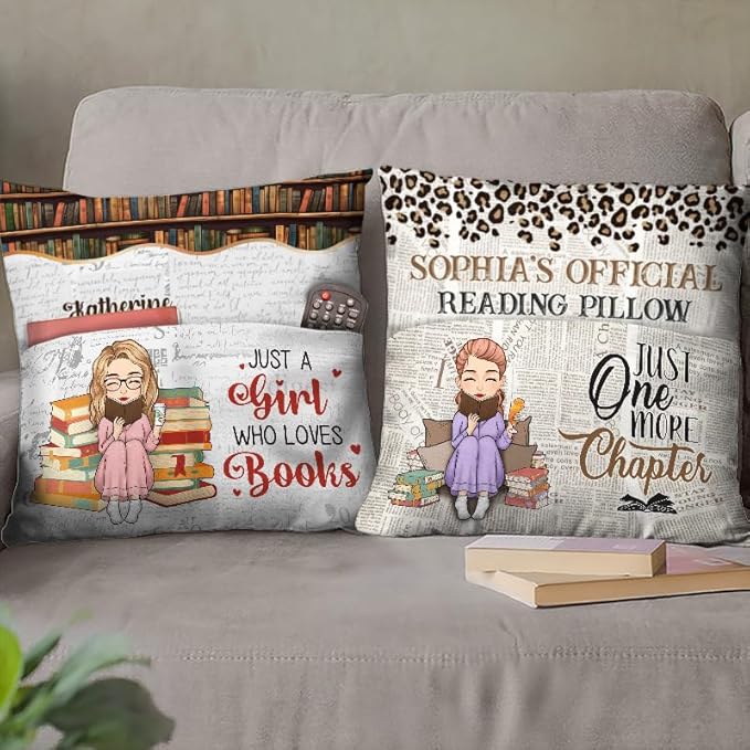 Custom Pocket Pillow, Personalized Bookish Gifts for Book Lovers, Bookworms, Readers, Booknerd, Just A Girl Who Loves Books, Book Club Gifts for Women Readers, Cushion Home Decor Pillow