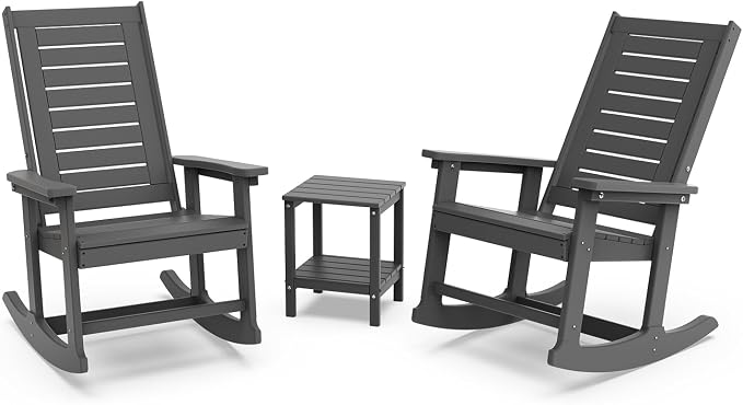 GREENVINES Outdoor Rocking Chair Set | 3-Piece | 2 Rocking Chairs with 1 Side Table | Porch Rocker | HDPE Plastic | Grey | Patio Furniture Sets | High Back | Big & Tall | Ladder Back by GreenVines