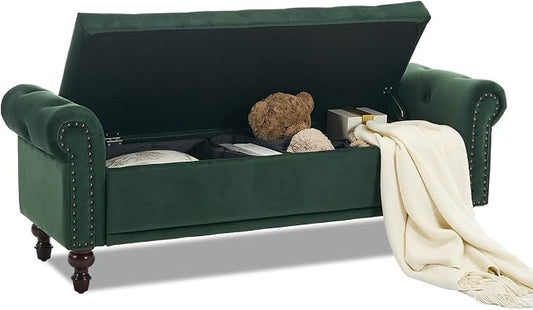 SOFTHION 58.1" Storage Bench Upholstered Velvet End of Bedroom Bed Bench Ottoman with Tufted Cushioned Rolled Arm Large Storage Space for Reading Living Room Entryway,Dark Green by SofthionDesign