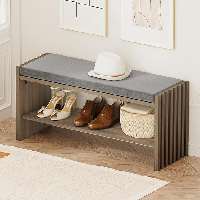 BON AUGURE Shoe Storage Bench Bedroom, Entryway Bench with Cushion, Ottoman Benches for Living Room Hallway Entry (Greige Oak, 40 Inch Wide) by BONAUGURE