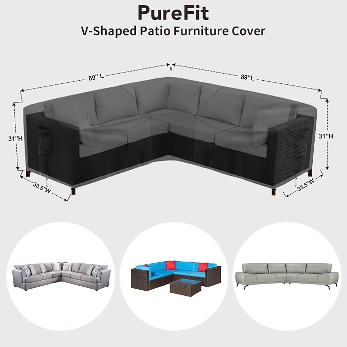 PureFit Outdoor Sectional Sofa Cover Waterproof V Shaped Patio Furniture Covers for Deck, Lawn and Backyard, 89”x89”, Black - Image 2