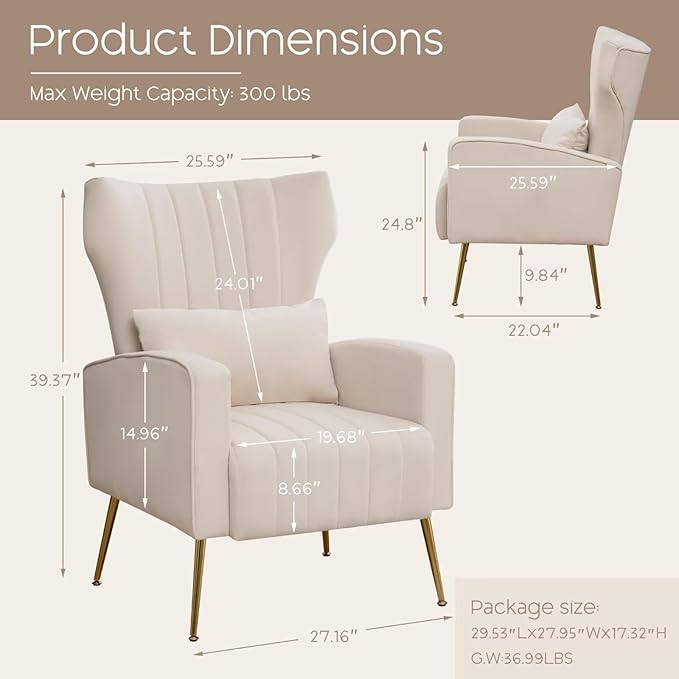 Modern Accent Chair Upholstered Living Room Chair,High Back Arm Chair with Metal Legs Lumbar Reading Chair for Bedroom, Apartment, Small Spaces Velvet Beige