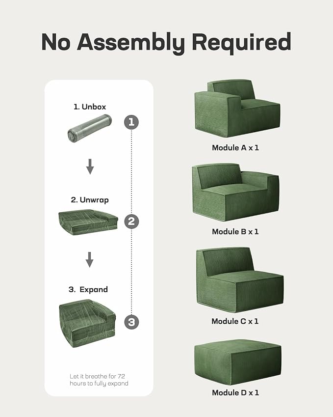 Marsail 111' Modular Sectional Sofa, L-Shape Corduroy Cloud Couch with Deep Seat, Freely Combinable Boneless Sofa for Living Room, No Assembly Required, Dark Green