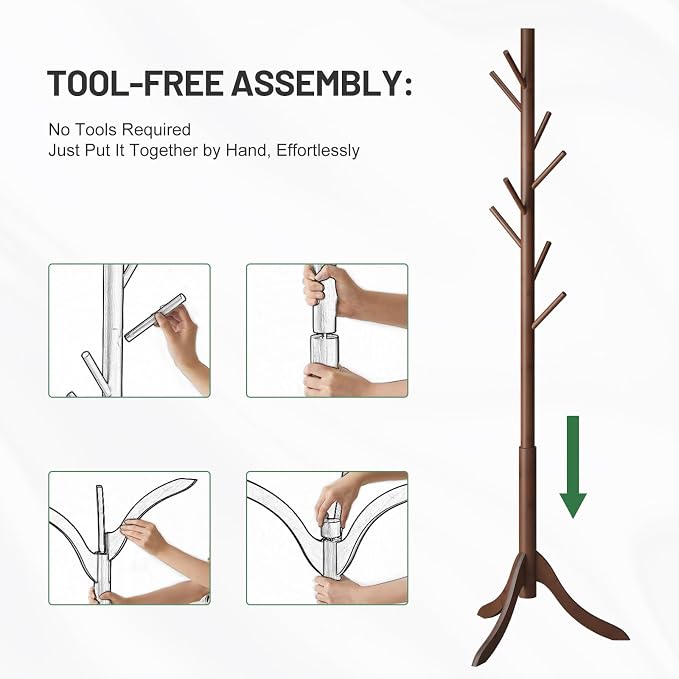 kiplant Bamboo Wood Coat Rack Stand, Freestanding Coat Tree with 8 Hooks, Hallway Entryway Hat Hanger Organizer Standing for Bedroom, Office, Clothes, Jackets, Bags, Umbrallas - Image 6
