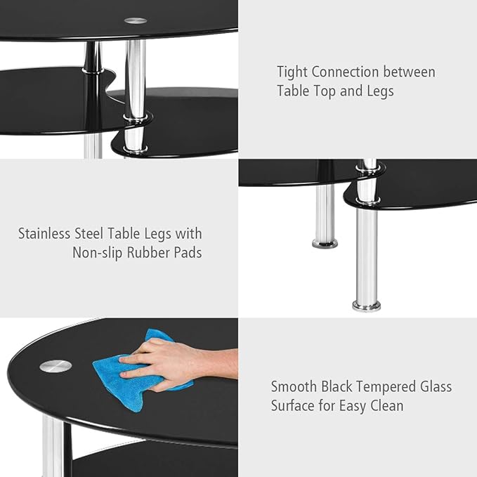 S AFSTAR Glass Coffee Table, 3-Tier Modern Oval Smooth Glass Tea Table Center Table End Table with Open Storage Shelf,Sturdy Steel Legs for Living Room,Home,Office,Cocktail Tea Table (Black)