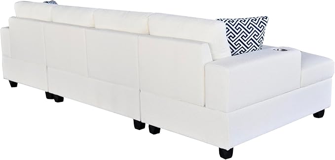 124-Inch Symmetrical Sectional Couch Wool Cloud Cushion Upholstered Sofas, U- Shaped Modular Sectional Sofa with Cup Holders and 2 Chaise Lounges for Living Room