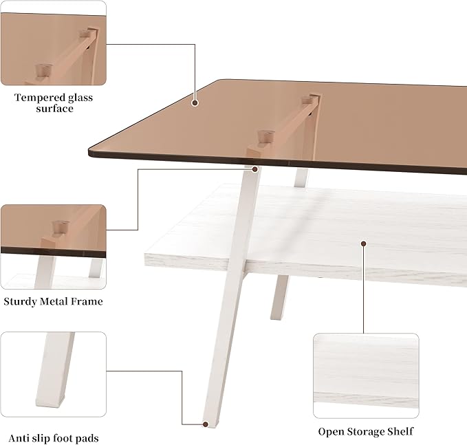 IANIYA Glass Coffee Table for Living Room Small Gold Mid Century Coffee Table for Living Room with Wood Shelves (White Frame, Brown Glass + White Wood)