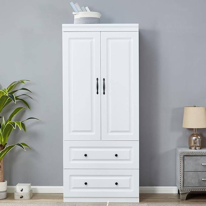Wooden Armoire Wardrobe Closet：Modern Armoire Wardrobe Closet with 2 Doors, 2 Drawers and Hanging Rods for Tall Cabinet, Large Capacity Clothes Storage Cabinet for Bedroom Home, White
