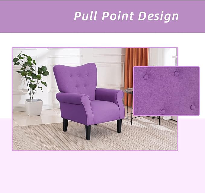 YOLENY Modern Accent Chair,High Back Armchair,Upholstered Fabric Button Single Sofa with Wooden Legs for Living Room, Bedroom, Club, Purple
